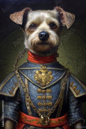 Simulation of a classic oil painting of a dog in military clothing old style