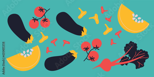 Abstract appetizing Vegetables collection. Decorative abstract horizontal banner with colorful doodles. Hand-drawn modern illustrations with Vegetables, abstract elements.