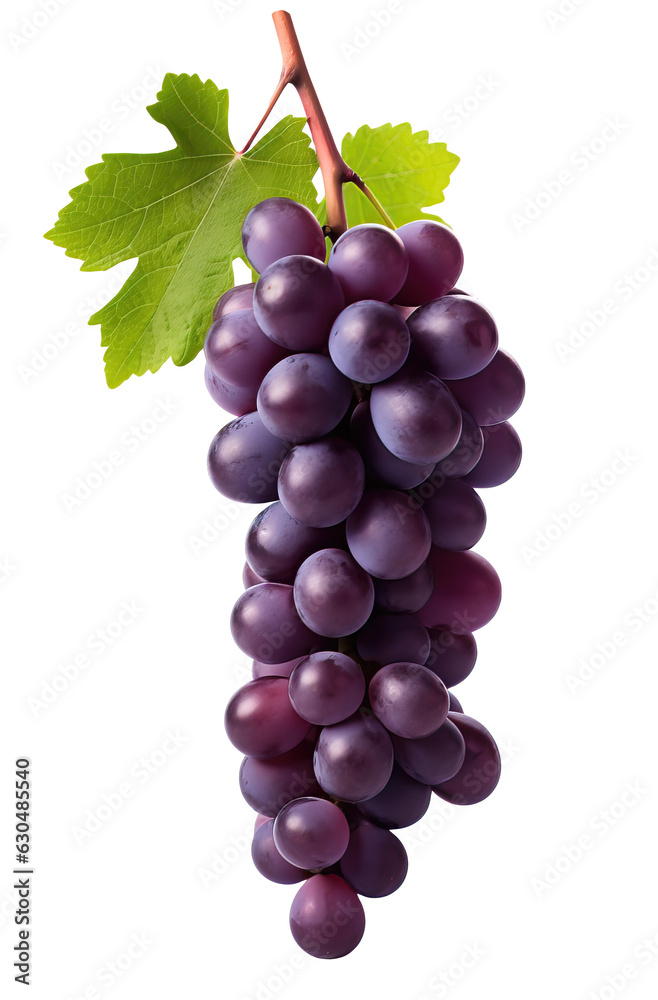 Fototapeta premium Grapes with green leaf healthy eating, isolated on transparent background, PNG cutout ready for agricultural visualisation