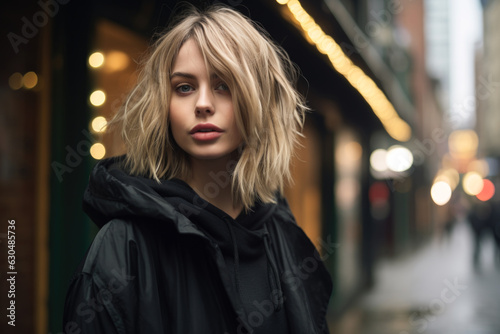 Woman walking on a street with a black jacket with a hood and has blonde hair