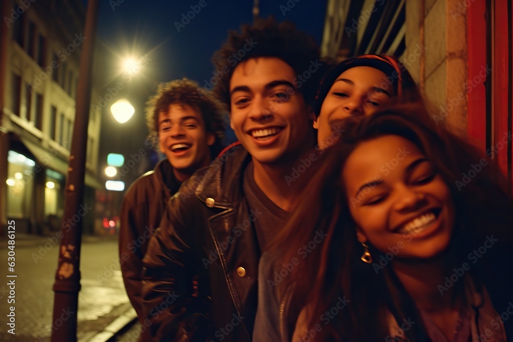Group of young people having fun in the city at night. Multiracial friends laughing and having fun.