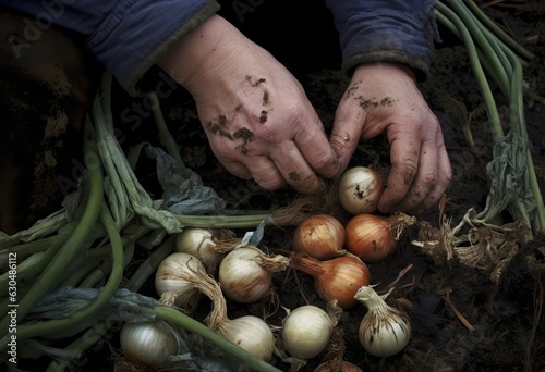 Harvesting of onions. Hands of an elderly woman holding a bunch of onions.
