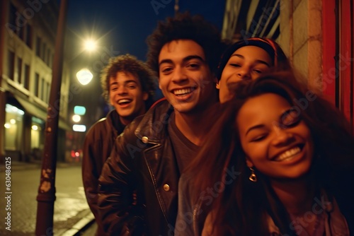 Group of young people having fun in the city at night. Multiracial friends laughing and having fun. © artem