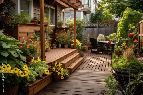 During the summer growing season, there is a backyard deck adorned with a garden and various plants in pots.