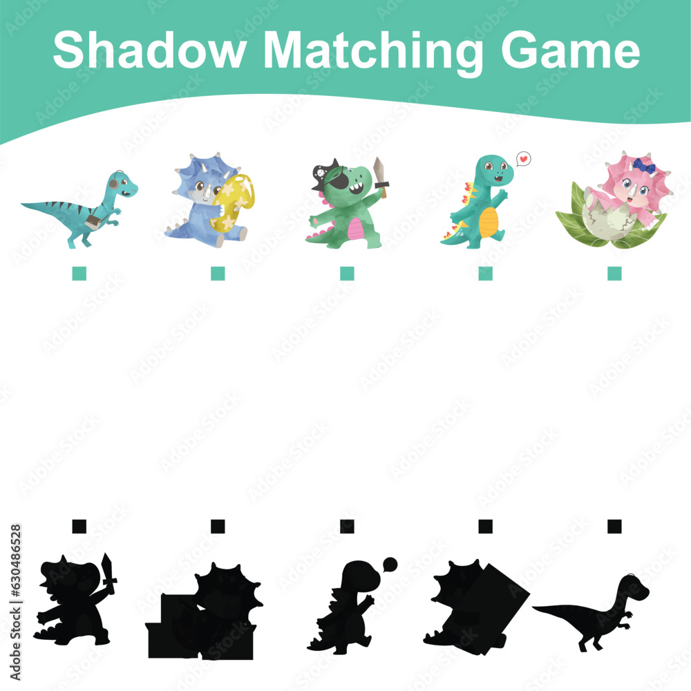 Find the correct shadow. Kids educational game. Cute dinosaurs theme. Vector illustration.