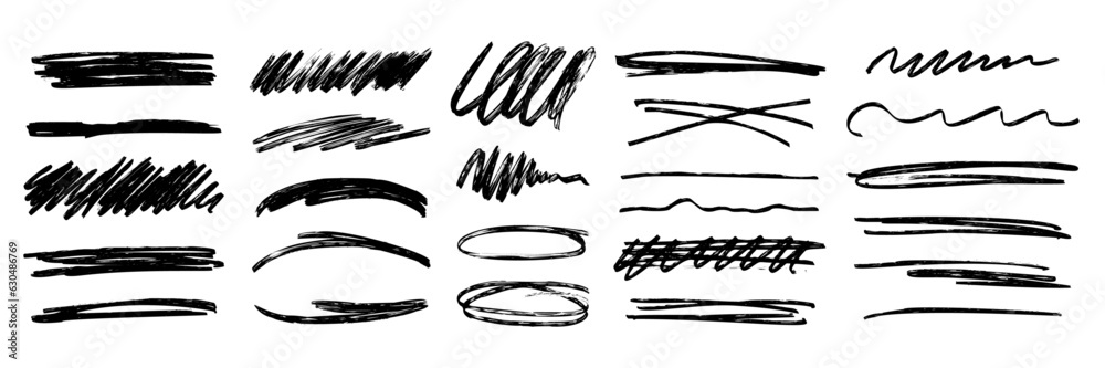 Charcoal marker grunge rough underline handrawn brushstrokes. Bold charcoal freehand stripes and paint shapes. Crayon or marker doodle scribbles. Vector illustration of horizontal emphasis, scrawl.