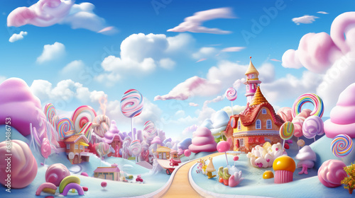 landscape made out of candy canes and other sweets 3d cartoon style made with generative AI