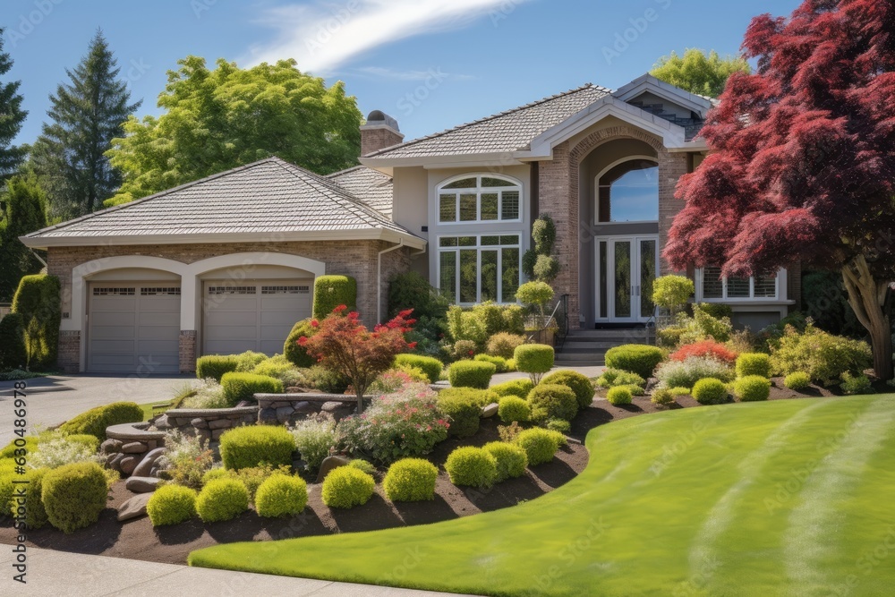 Gorgeous house exterior with a well maintained front yard, surrounded ...