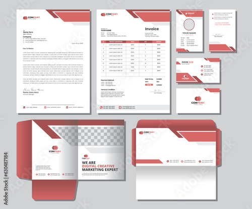 Corporate Brand Identity Mockup set with digital elements. Editable vector. Business card, Id card, Invoice, Letterhead, Envelope, and File Folder. 