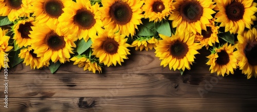 Sunflowers, with a yellow hue, create a captivating backdrop. The sunflowers are beautiful and vibrant, presenting a fresh look. is taken from a top-down perspective, with ample space for adding