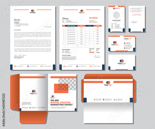Corporate Brand Identity Mockup set with digital elements. Editable vector. Business card, Id card, Invoice, Letterhead, Envelope, and File Folder. 