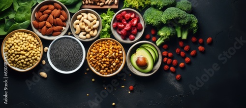 Healthy vegan food displayed on a gray background with enough space for additional content. The selection includes superfoods such as nuts  beans  greens  and seeds.