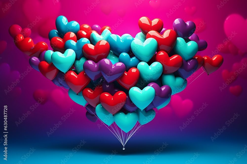 Daz3D Inspired: Heart-Shaped Balloon Delight on Red Background with Dark Teal and Light Magenta Accents