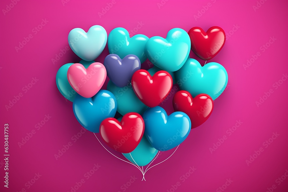 Daz3D Inspired: Heart-Shaped Balloon Delight on Red Background with Dark Teal and Light Magenta Accents
