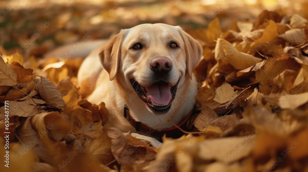 A labrador in a pile of leaves. 