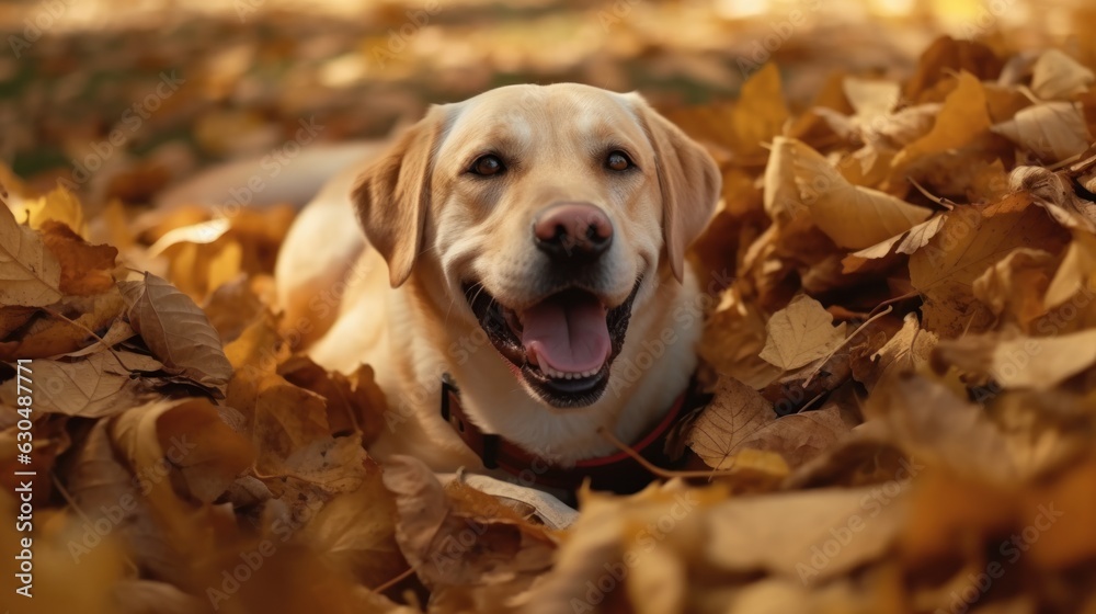 A labrador in a pile of leaves. A labrador in a pile of leaves.