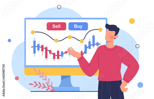 Man with cryptocurrency trading concept. Young guy near graphs and diagrams. Infographics and data visualization. Economy and trading, financial literacy. Cartoon flat vector illustration