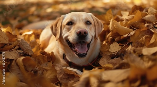 A labrador in a pile of leaves. 