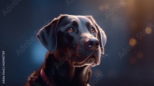 A portrait of a chocolate lab with a cool, soft background.