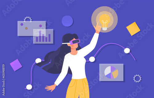 Woman with vr glasses concept. Innovations and modern technologies. Virtual reality, cyberspace and metaverse. Futuristic poster or banner for website. Cartoon flat vector illustration