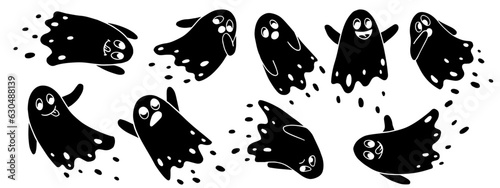 Set of silhouettes of cute ghost characters.Vector graphics.