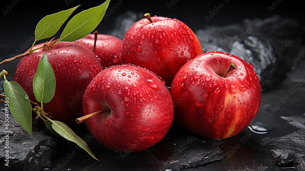 Juicy Apples Presented on a Dark Rough Stone Table. Generative AI. Juicy Apples Presented on a Dark Rough Stone Table. Generative AI.