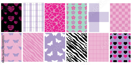 Y2k glamour pink seamless patterns. Backgrounds in trendy emo goth 2000s style. Butterfly, heart, chessboard, mesh, leopard, zebra. 90s, 00s aesthetic. Pink pastel colors. Vector