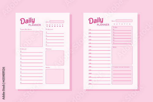 Two minimalist pink daily planners in same doll style. Simple design of organizer schedule page with to do list for day for effective planning