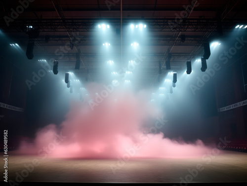 Empty smoky stage with bright spotlights  mockup. Generative AI