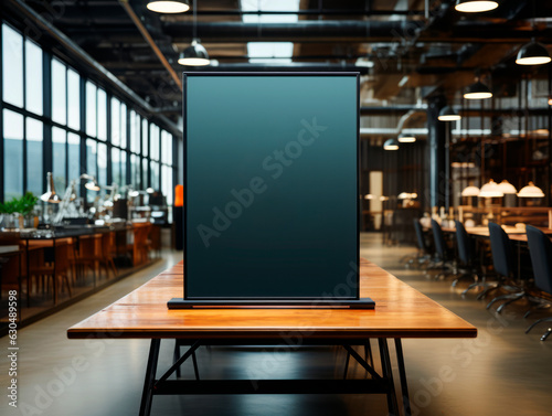 Blank black billboard on wooden table in coffee shop. Mock up. Generative AI