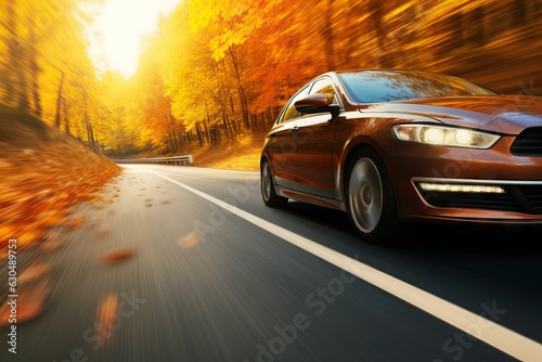car on the road in the autumn forest. speed motion blur effect