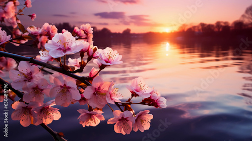 cherry blossom in a river bank with view of sunset