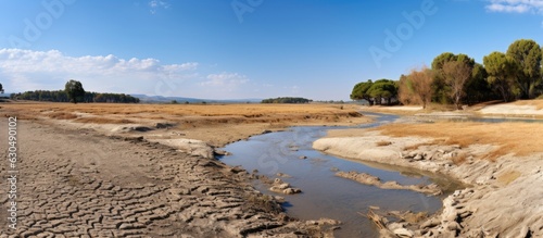 The riverbed of the Pinios, one of the longest rivers in Thessalia, Greece, is now dry due to heat and drought caused by climate warming. This could have potential consequences. The landscape is photo