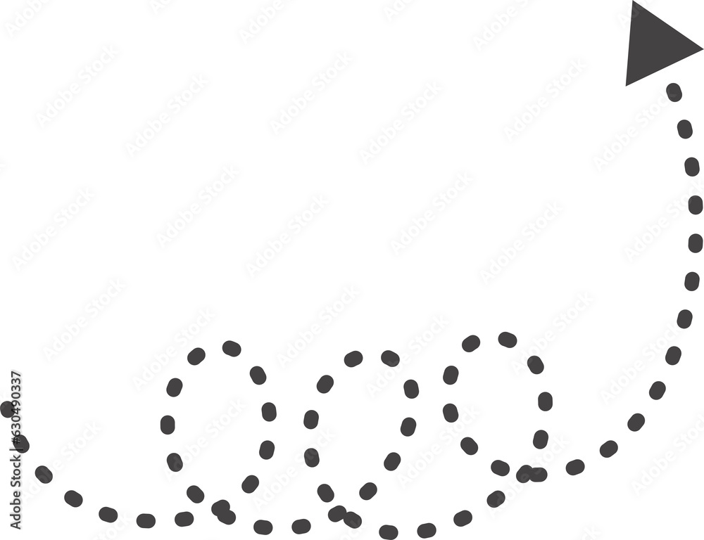 Curved hand drawn dotted arrow. Doodle outline black stroke. Simple cartoon swirl scribble