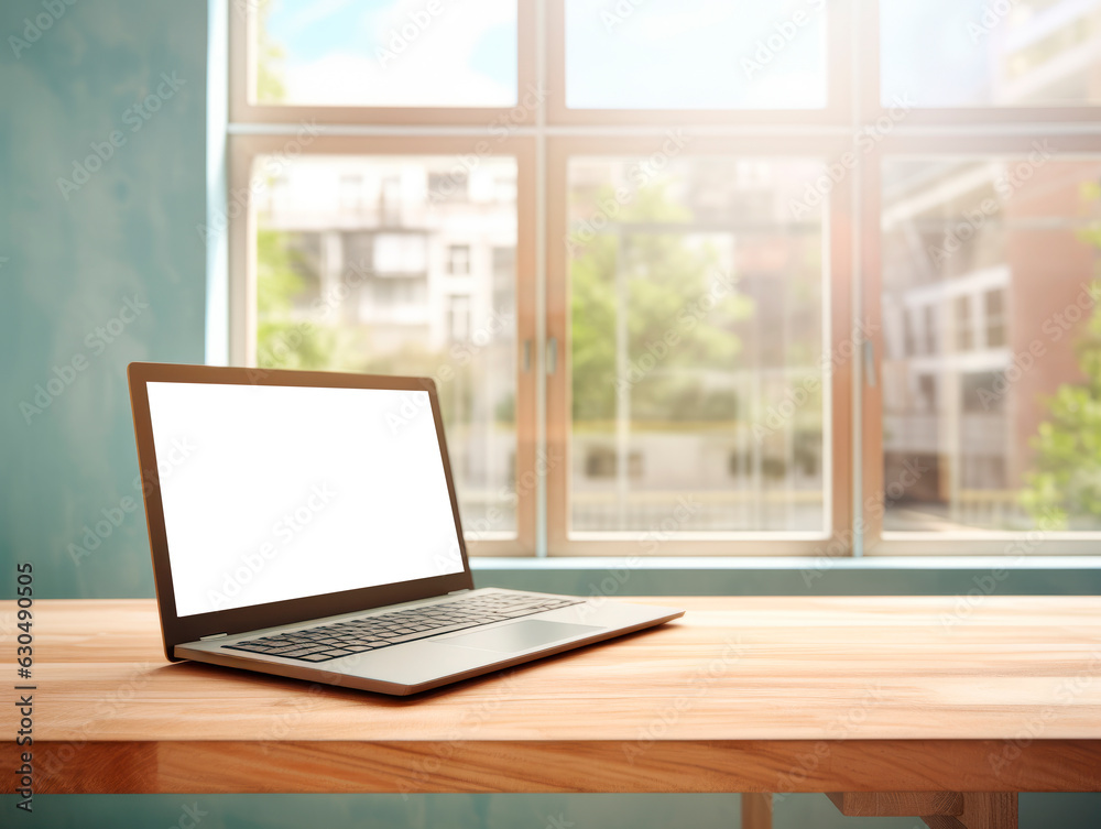 Laptop with blank screen on wooden table in front of a window. Generative AI Laptop with blank screen on wooden table in front of a window. Generative AI