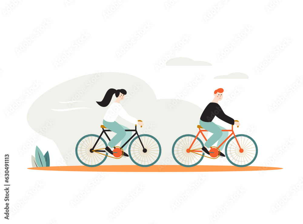 Vector flat illustration of young couple on bicycles