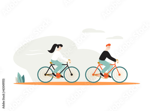 Vector flat illustration of young couple on bicycles