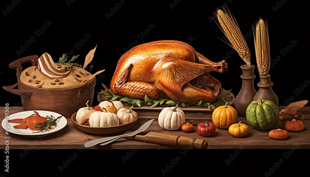 Thanksgiving Day table with turkey and other food Thanksgiving Day table with turkey and other food