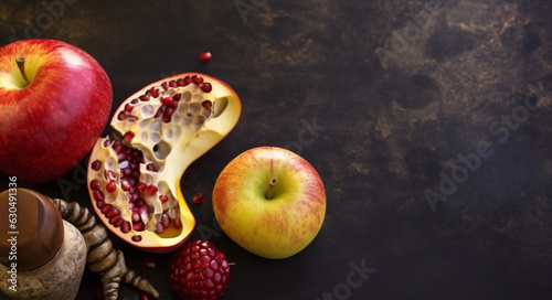 Obraz na plátne Traditional holiday symbols like shofar, honey, apple, and pomegranate