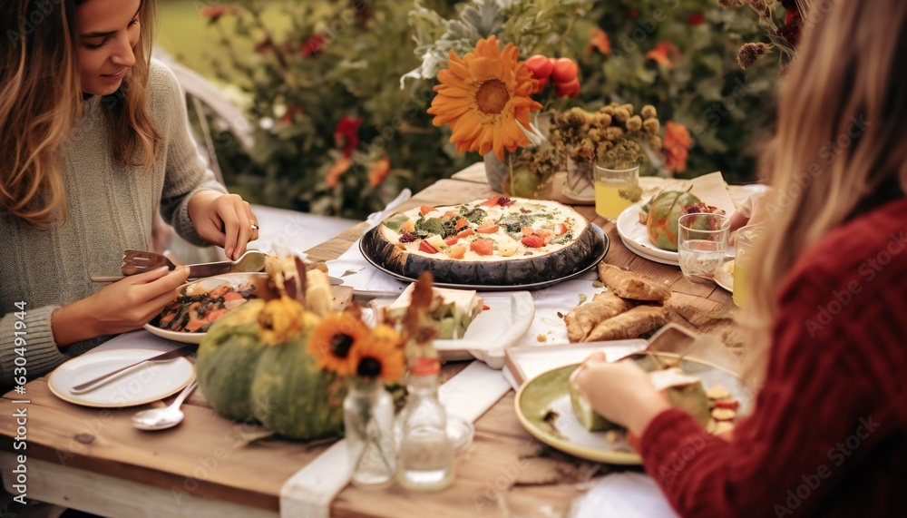 Women eating comfort food sitting together at festive table