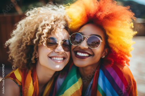 Happy women gay celebrating pride day LGBTQ and love concept made with AI generative technology