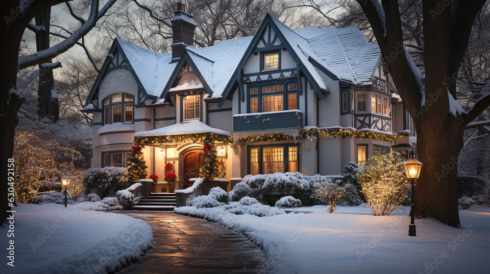 Beautiful Christmas Decorated House on A Winter Evening.