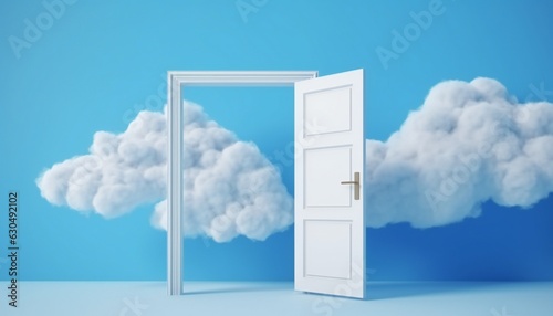 White fluffy clouds going through flying out open door  objects isolated on blue background
