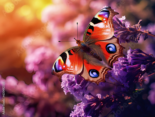 majestic peacock butterfly gracefully landing amidst a purple lilac photo