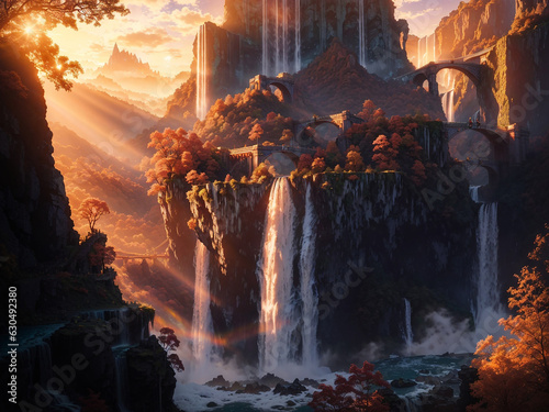 A scene of magical fantasy world with rock formations and waterfalls - AI Generative