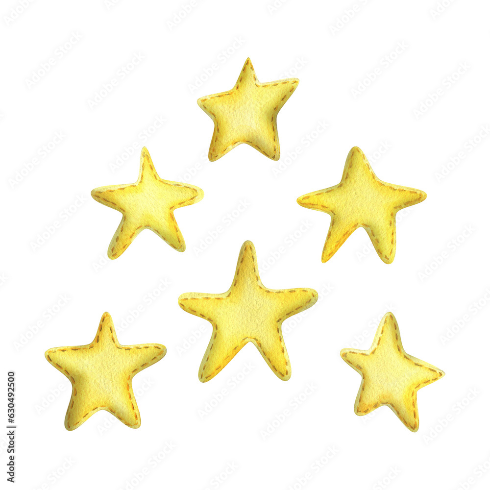 Yellow stars sewn from fabric with thread stitches. Watercolor illustration, hand drawn. Set of isolated objects on a white background.