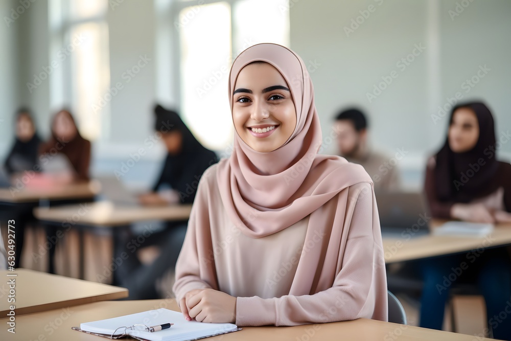 Muslim student woman wearing hijab sitting behind the desk in the classroom