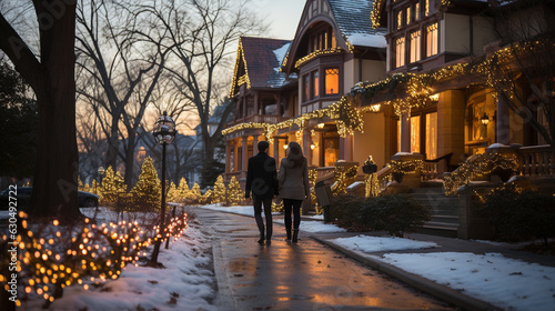 Couple Walking Among Beautifully Decorated Christmas Themed Houses on A Winter Evening. © Andy Dean