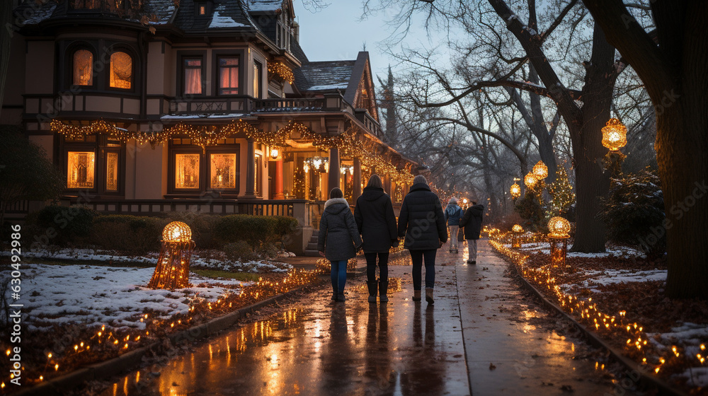 People Walking Among Beautifully Decorated Christmas Themed Houses on A Winter Evening.