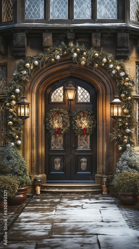 Beautiful Christmas Decorated Front Door and Porch of A House on A Winter Evening.